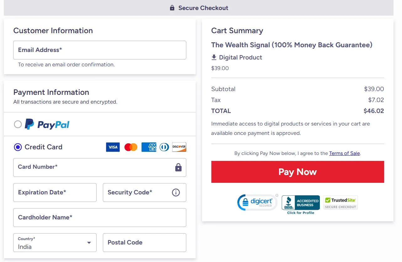 The Wealth Signal Order page